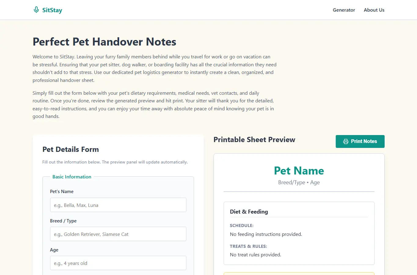 Screenshot of SitStay: Pet Sitter Logistics Form interface showing the project page in use